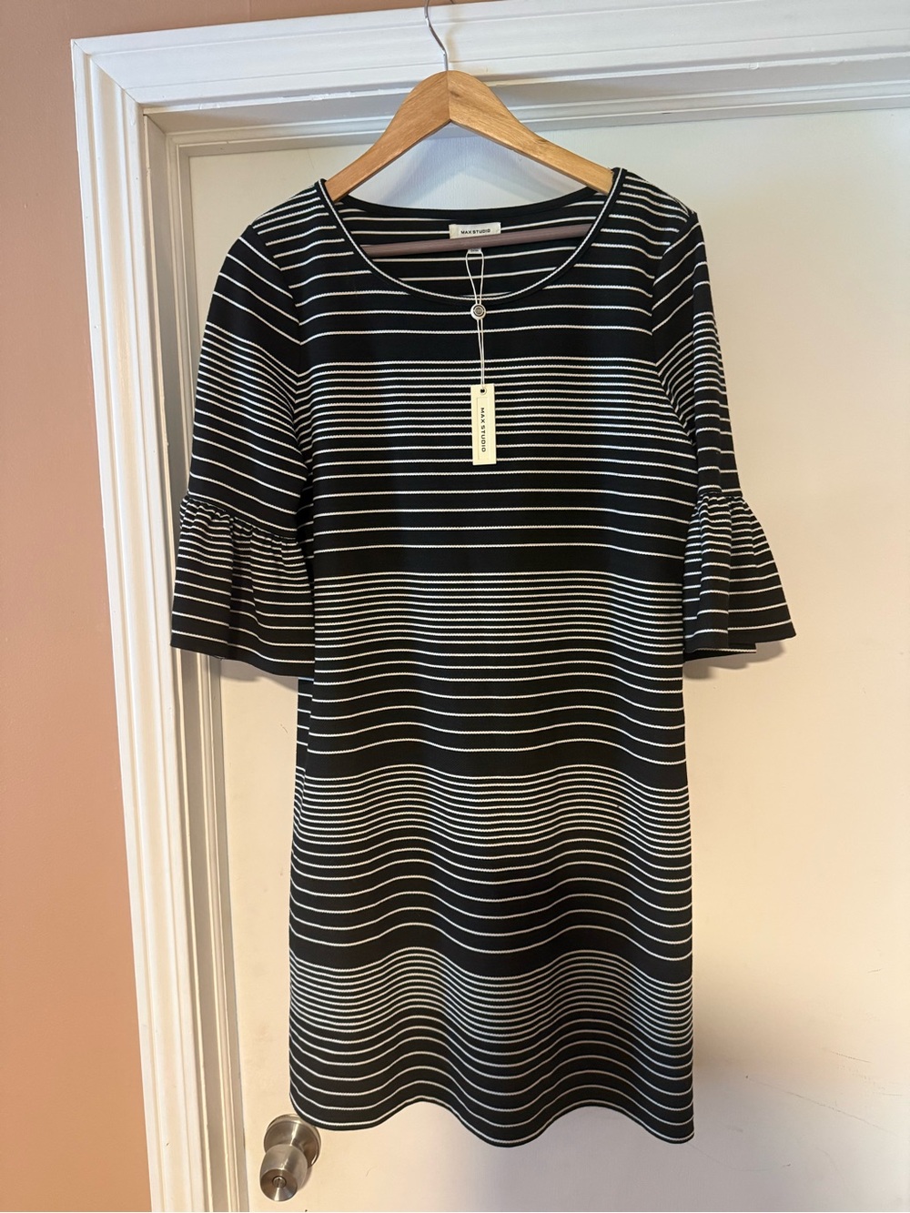 MaxMara Black and White Striped Bell-Sleeve Midi Dress